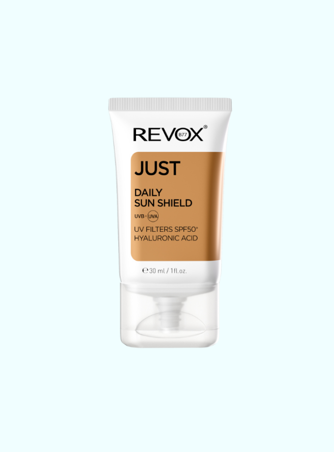 5060565103030 revox b77 just daily sun shield wb internet 1 680x920 - REVOX B77 JUST DAILY SUN SHIELD UVA+UVB FILTERS SPF50+ WITH HYALURONIC ACID, 30 ml